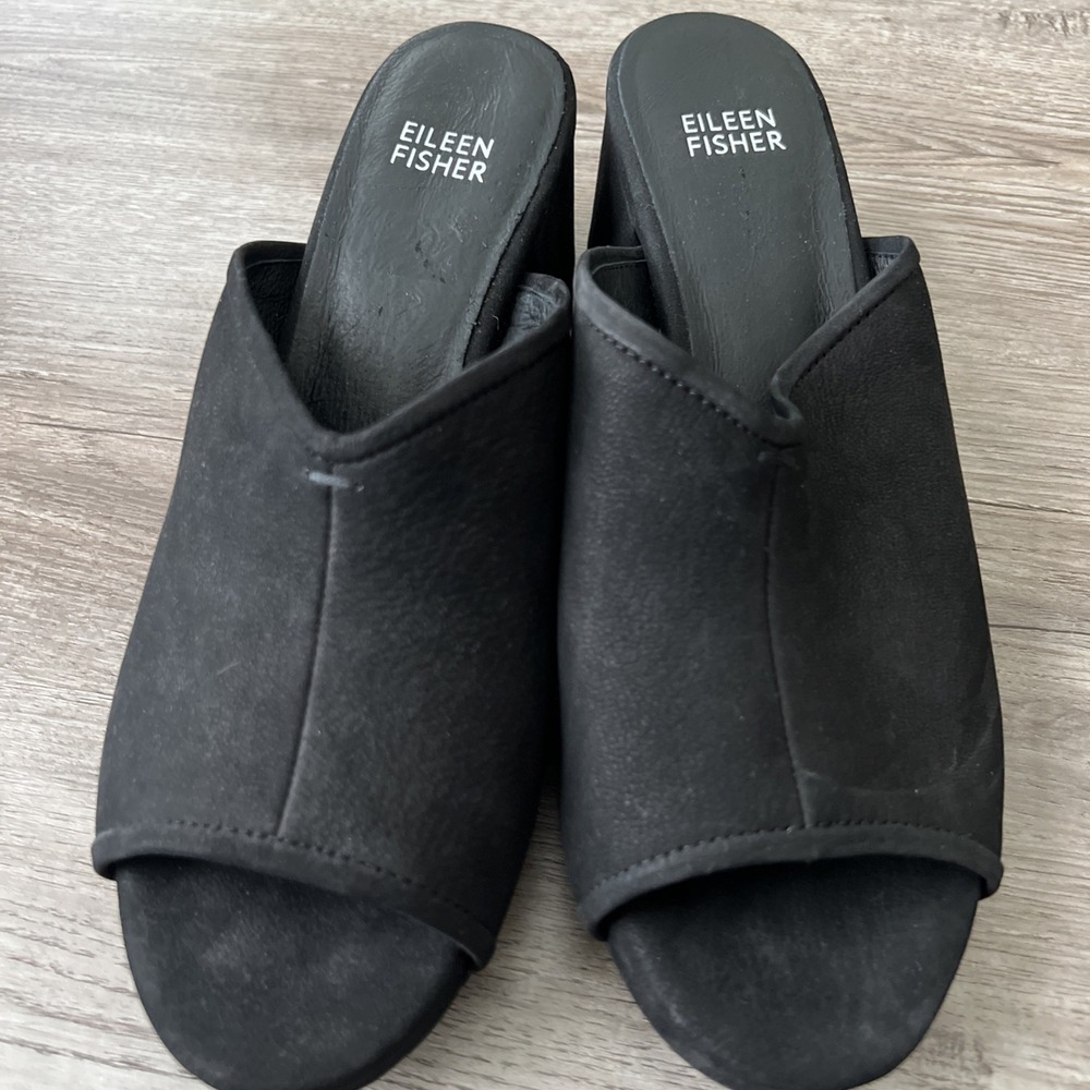 Eileen Fisher Leather Block Heel Mules Womens 8 Black Open Toe Slides NWOT